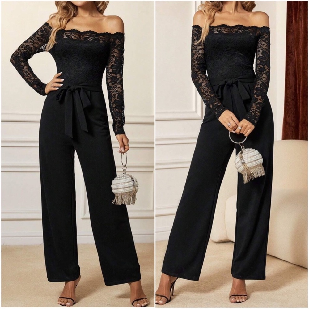 Luxe Black Lace Off Shoulder Belted Jumpsuit S M L XL